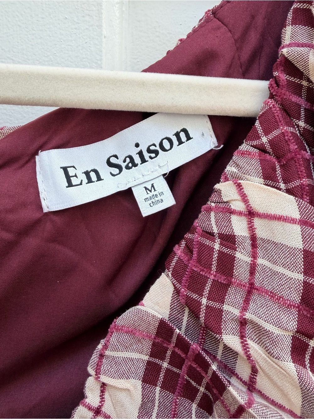 En Saison Burgundy and Cream Plaid Puff-Sleeve Maxi Dress - Picture 8 of 9